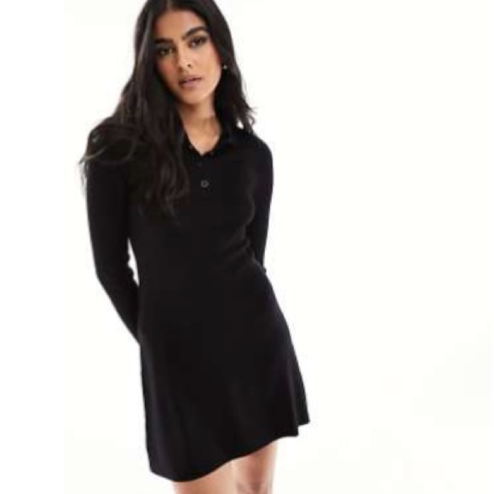 Knitted Black Long Sleeve Mini Dress with Collar Detail